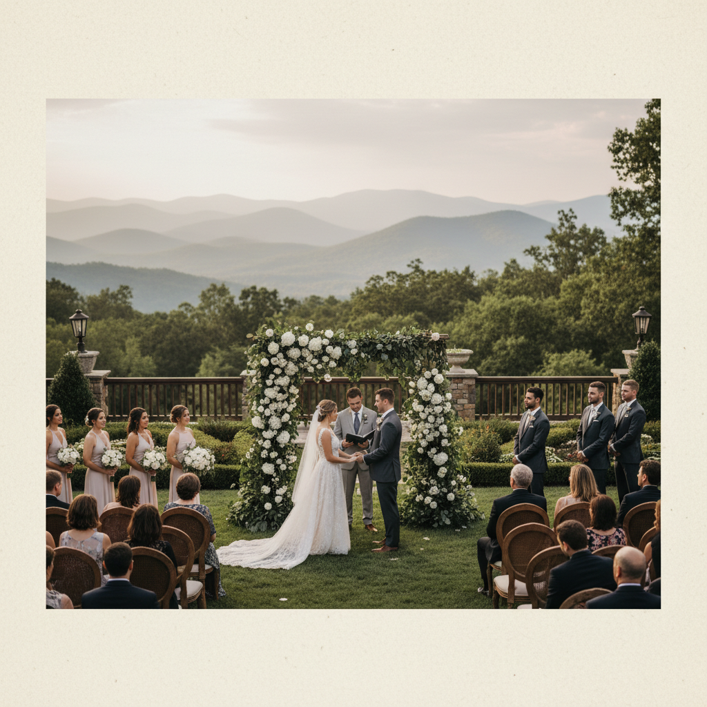 Elegant formal wedding ceremony with guests in a mountain setting